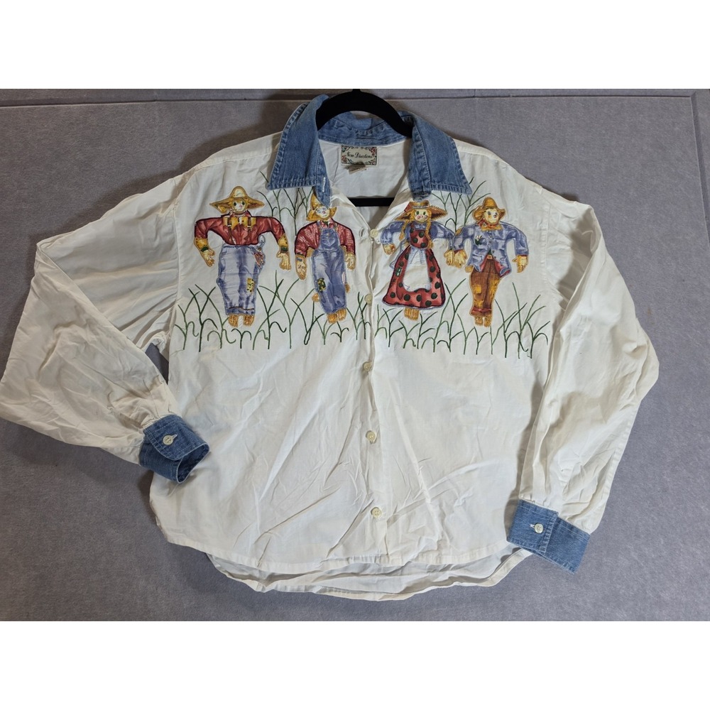 Vintage Embroidered Scare Crow Button Down Shirt Size L 100% Cotton Made In USA